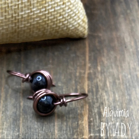 Black Onyx and solid brass dangle drop earrings - Picture 2 of 5